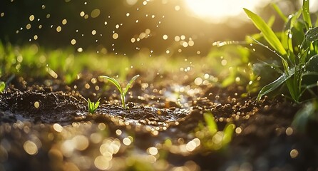 The sun shines on the wet soil, with green grass and water droplets in close-up shots of the ground. 