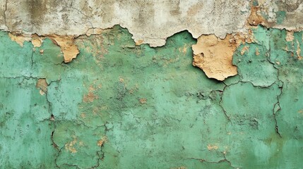 Obraz premium Close-up of a weathered wall with peeling green and beige paint, showing texture and age.