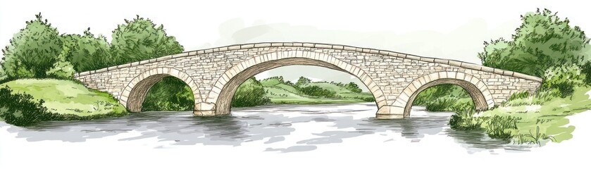Fototapeta premium A stone arch bridge over a calm river, surrounded by lush greenery.