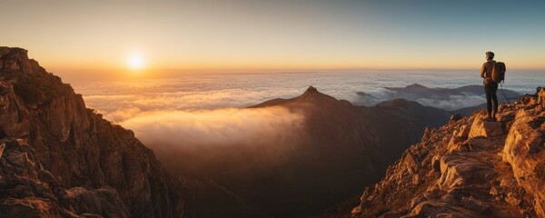 Naklejka premium Man standing on a mountain top with a view of the sun