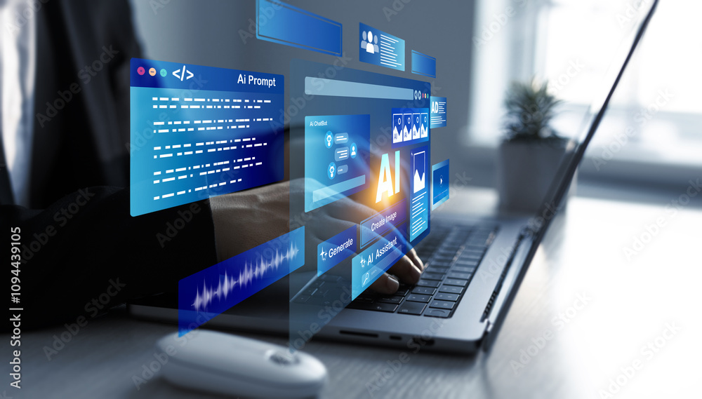 Poster Image generator, documents, marketing and advertising, bot writing and coding.Interaction with the Ai assistant to solve some tasks more easily. Person using laptop with Ai Content Generator.	