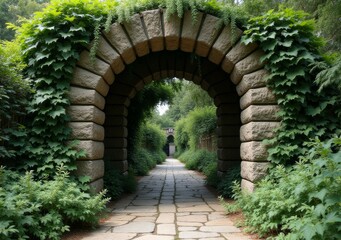 Stone archway surrounded by lush greenery in a tranquil garden setting hours