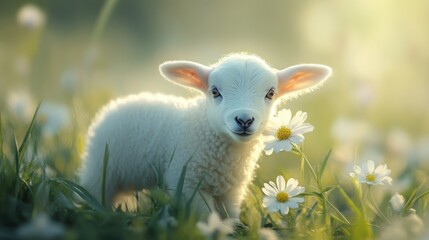 Obraz premium Adorable Baby Lamb Standing Among Wildflowers in a Sunlit Meadow, Capturing the Essence of Springtime Beauty and Nature's Wonders