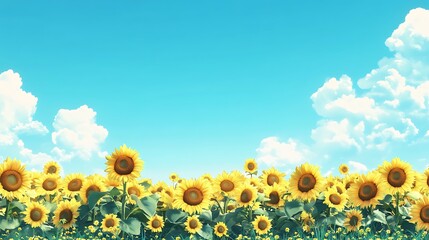 Fototapeta premium A vibrant field of sunflowers under a bright blue sky with fluffy clouds.
