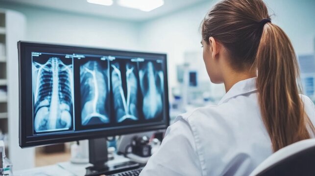 Young doctor in his office uses a computer and looks at x-rays and patient test results