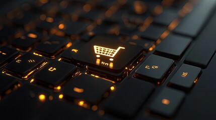Glowing Keyboard with Shopping Cart Icon Illuminating Key for Online Shopping and E-commerce Concepts in a Dark Environment