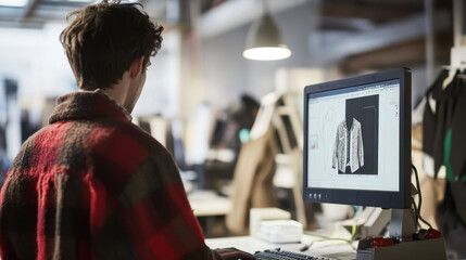 Tailor or fashion designer works on a computer in a sewing room, creating clothing patterns displayed on a monitor