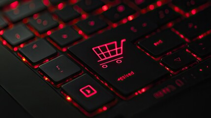 Close-Up View of a Backlit Computer Keyboard with a Bright Red Shopping Cart Icon on a Black Key, Symbolizing Online Shopping and E-Commerce Experience