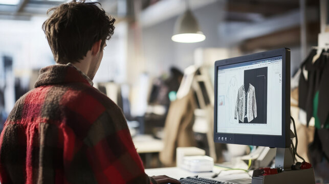 Tailor or fashion designer works on a computer in a sewing room, creating clothing patterns displayed on a monitor