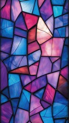 Vibrant Stained Glass Window with Abstract Geometric Patterns in Blue and Pink Hues, Perfect for Art and Design Concepts