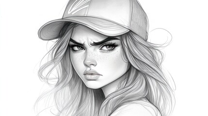 Fototapeta premium Pencil sketch of a young girl with long hair wearing a baseball cap, showing a frown, with fine lines and minimalistic details on white paper.