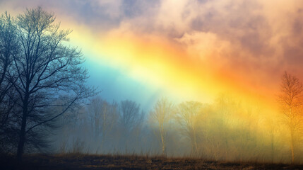Fototapeta premium Vibrant rainbow breaking through misty trees at sunrise with soft atmospheric light