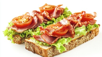 Freshly Prepared Open-Faced Sandwich with Crispy Bacon, Tomato Slices, and Crisp Lettuce on Whole Grain Bread Highlighting Delicious Ingredients