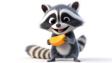 A cheerful cartoon raccoon joyfully holding a slice of orange, with a playful expression and fluffy fur.