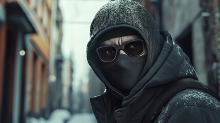 A mysterious individual in winter attire stares intently, cloaked in shadows amidst a snowy urban backdrop.