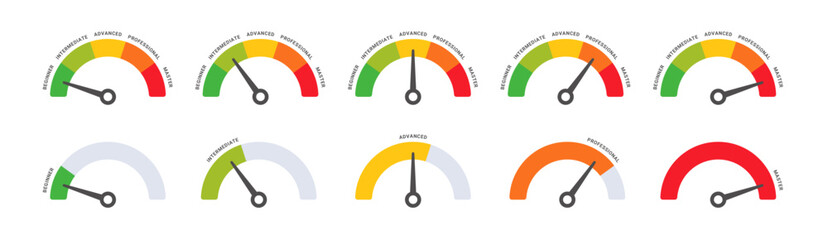 Diagram Scale Meter or Rating Meter from 3 to 5 Options with Editable Text for Business Presentation, Poster, Banner and Booklet.