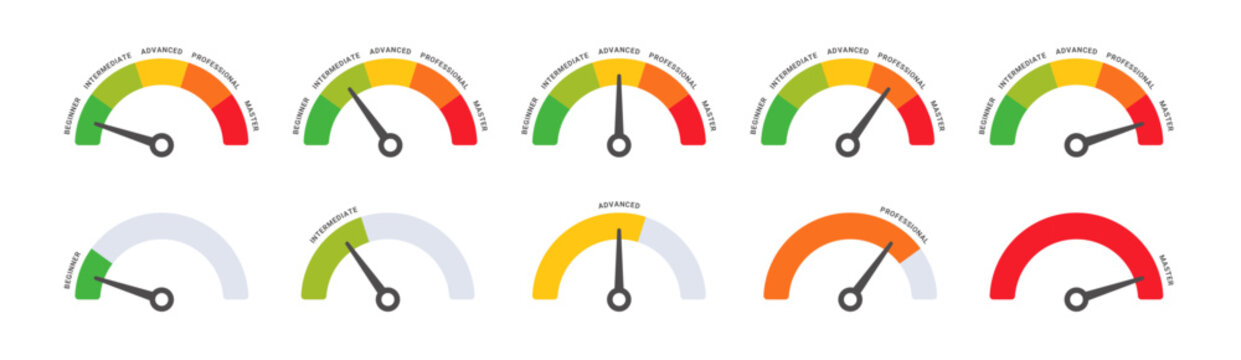 Diagram Scale Meter or Rating Meter from 3 to 5 Options with Editable Text for Business Presentation, Poster, Banner and Booklet.