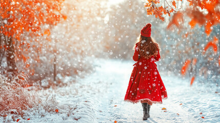Fototapeta premium Woman in a red dress walking through a snow-covered autumn forest with falling snowflakes and golden leaves. Minimal winter banner with copy space 