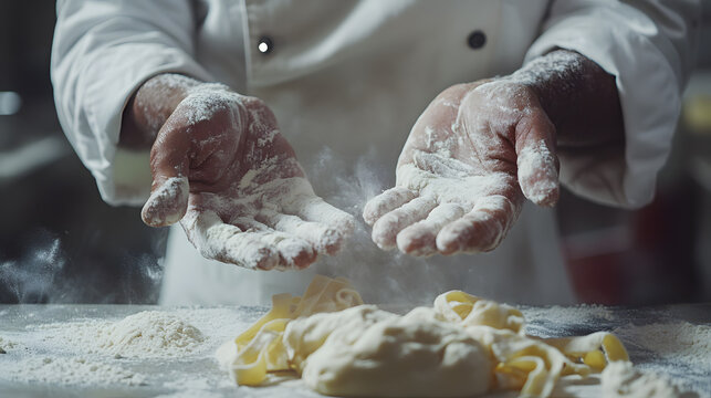 A chef demonstrating pasta-making techniques with flour-dusted hands and fresh dough.