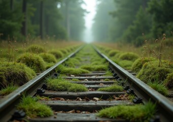 Overgrown railway tracks surrounded by lush greenery in a foggy forest