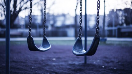 An empty playground with swings swaying in the wind, devoid of children, pointing to the issues of abandoned and neglected urban areas