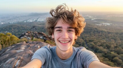 A young man with curly hair and a blue shirt smiles and takes a selfie against the backdrop of a forest in a valley.