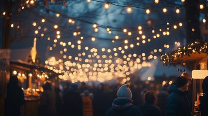 Festive Outdoor Market with String Lights and Crowds