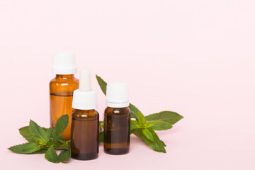 Natural Mint Essential Oil in a Glass Bottle. organic cosmetics with herbal extracts of mint on colored background