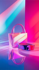 Obraz premium Pro Lighting for Product Photography fashion accessory set on a glossy surface, with colored light gradients creating a vibrant and dynamic atmosphere.