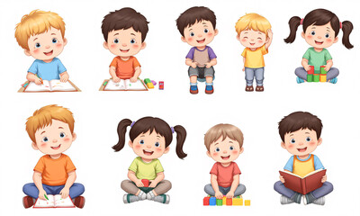 A set of preschool children in various playful and learning poses isolated on a pure white background