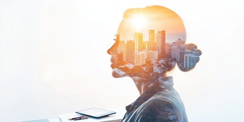 Healthcare and Business leadership concept. A double exposure image of a woman"s profile with a cityscape overlay, symbolizing innovation and the connection between human thoughts and urban life.