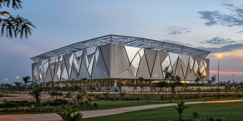 Fototapeta premium Modern architectural structure with a geometric design, likely serving as a sports venue.