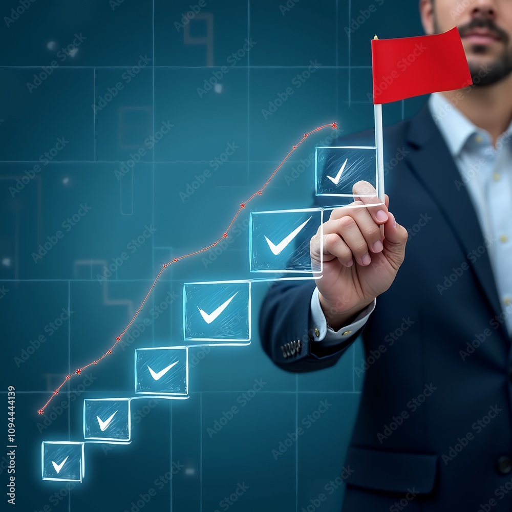 Poster businessman illustrating success steps with checkmarks on virtual staircase for goal achievement and