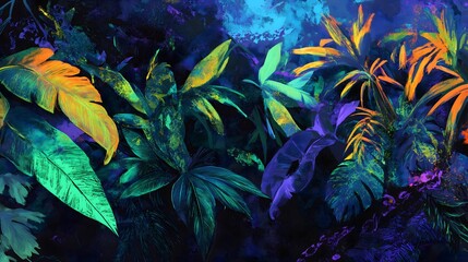 Vibrant Tropical Foliage on Dark Background