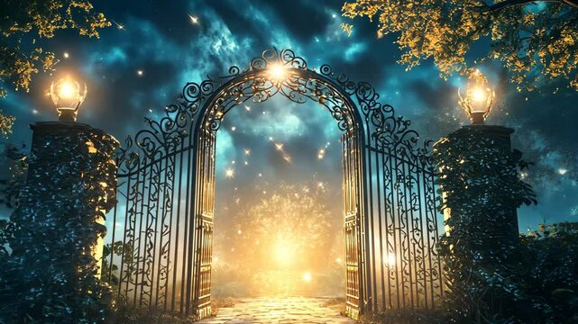 Exploring the enchanting gates under a starry sky at twilight in a magical forest setting