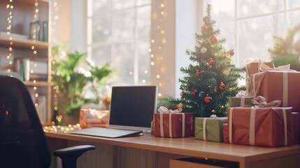 Fototapeta premium Cozy Home Office Decorated for Christmas with Small Tree and Wrapped Gifts, Warm Lighting Creating a Festive Atmosphere, Ideal for Holiday Inspiration