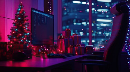 Cozy and Colorful Home Office Decorated for Christmas with a Tree, Presents, and Festive Lights Overlooking a City Skyline at Night