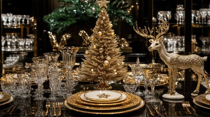 Fototapeta premium Elegant Christmas Table Setting with Golden Accents Featuring a Decorated Tree, Glassware, and a Shiny Reindeer on a Reflective Surface