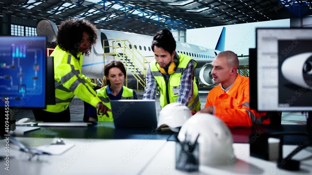 Poster diverse workers using computers aircraft repair and maintenance