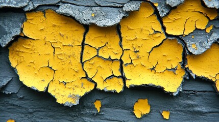 Close-up of cracked, peeling yellow paint on a dark gray surface.