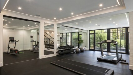 Modern home gym with sleek design and ample natural light