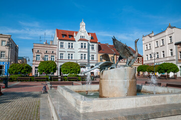 Freedom Square and the fountain in Tuchola, Kuyavian-Pomeranian Voivodeship, Poland