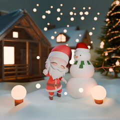 3D Illustration. Santa Looking Happy Outside with Snowman as Snow Falls. Festive Winter Style
