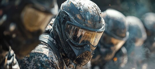 Fototapeta premium Teamwork and Camaraderie in Action During Intense Paintball Match Competition