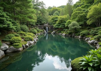 Serene landscape featuring a tranquil pond and lush greenery