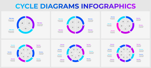 Set of infographic cycle diagrams with 3, 4, 5, 6, 7 and 8 options, steps or processes. Round pie diagrams with arrows