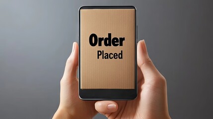 Hands Holding Smartphone Displaying Order Placed on Brown Package with Dark Background, Symbolizing Online Shopping and E-Commerce Success