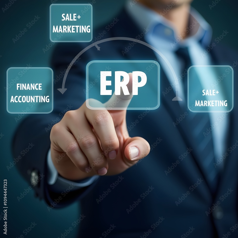 Poster A Businessman Engaging with Enterprise Resource Planning ERP Software Interface on a Virtual Screen to Optimize Finance, Accounting, Sales, and Marketing Operations