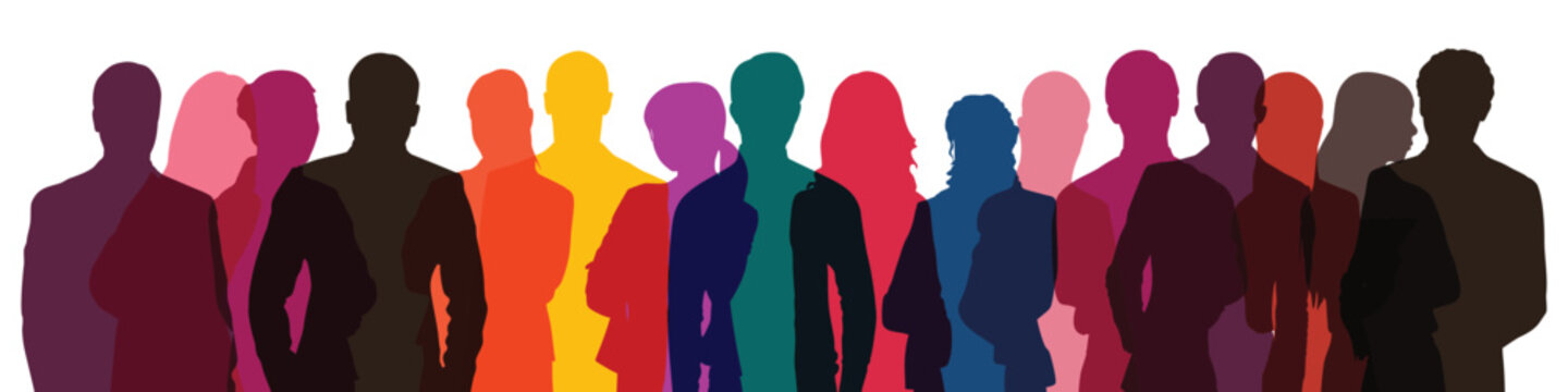Multi-colored transparent silhouettes of men and women, multiply mode, a group of standing business people. Diverse people group silhouette. Flat vector illustration isolated on background.
