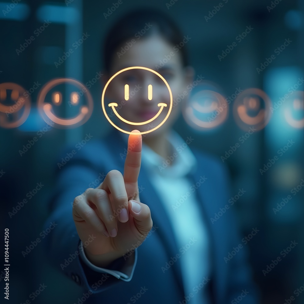 Poster customer service excellence represented by business people interacting with a virtual screen featuri